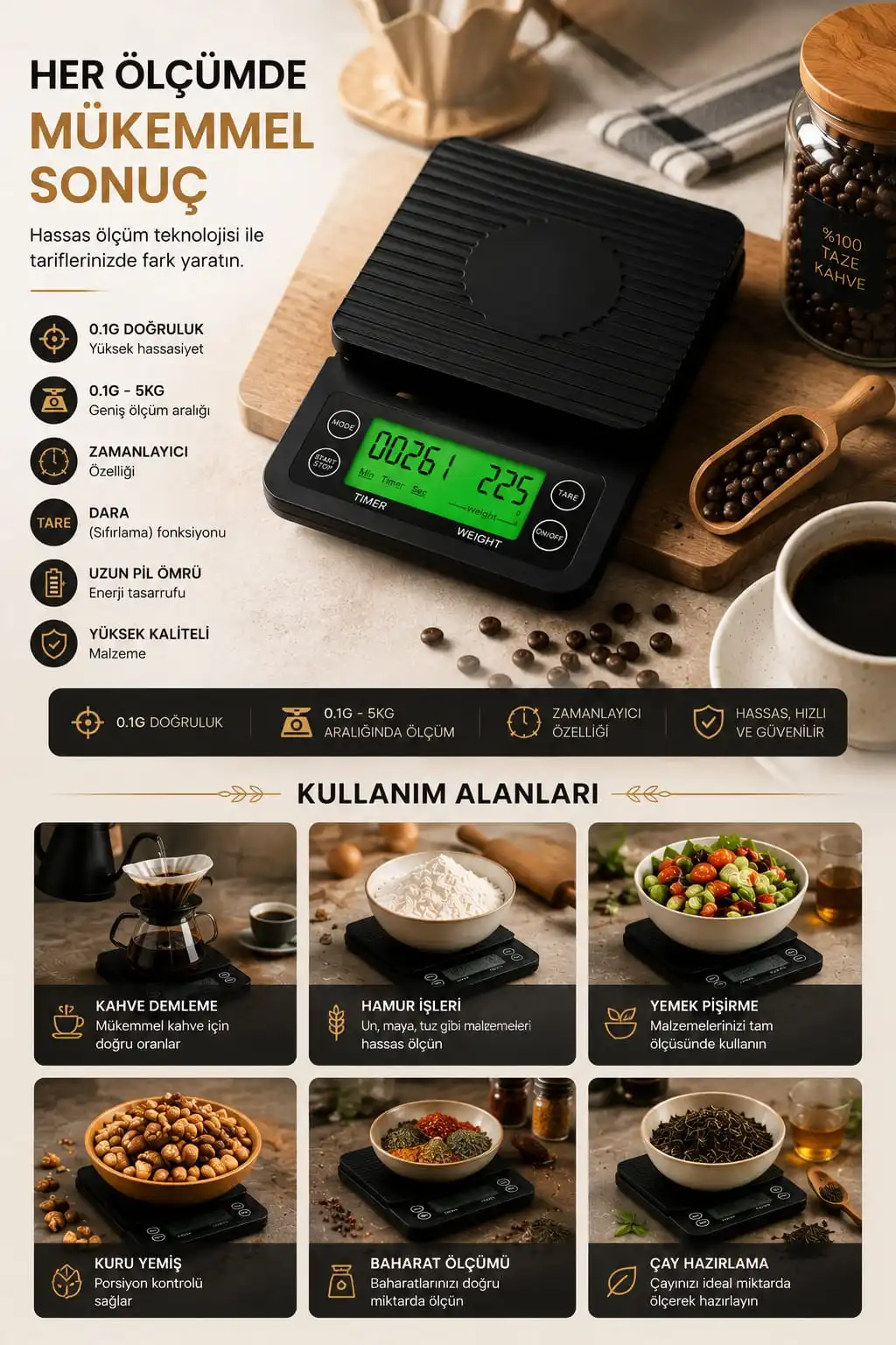 Dijital Mutfak Tartısı 0.1g Hassasiyetli 5kg Kapasiteli LCD Ekranlı 
