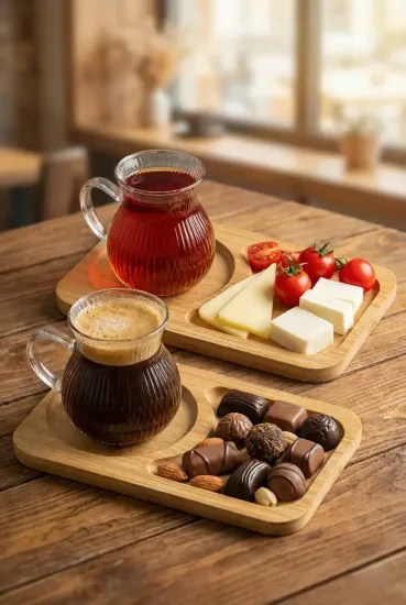 Kişilik Bambu Tabaklı Borosilikat Cam Fincan Takımı 150 ml