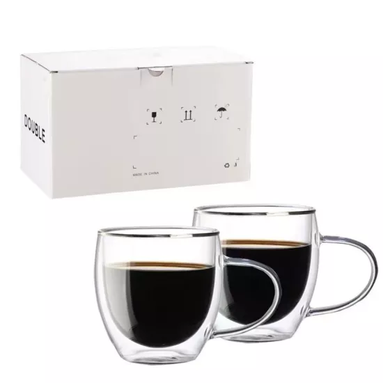 2’li 300 ml Çift Cidarlı Kulplu Cam Kupa Seti