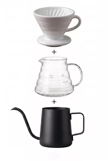 V60 Kahve Demleme Seti Beyaz Seramik Dripper ve Barista Kettle Vivien Home