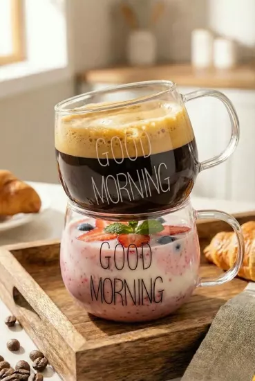 2’li Good Morning Borosilikat Cam Kupa Seti 400 ml
