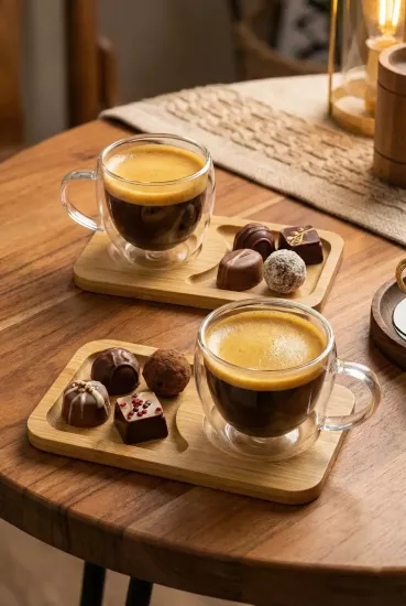 2 Kişilik Çift Cidarlı Cam Bardak ve Bambu Tabaklı Kahve Fincan Takımı