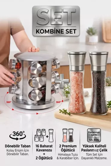 12’li Döner Baharatlık Seti ve Tuz Karabiber Değirmeni | Vivien Home