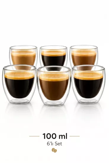 6lı Premium Set 100 ml Çift Cidarlı Cam Espresso Bardağı