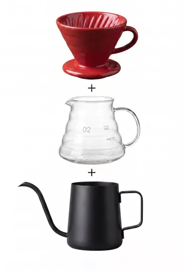 V60 Kahve Demleme Seti Kırmızı Seramik Dripper ve Barista Kettle Vivien Home