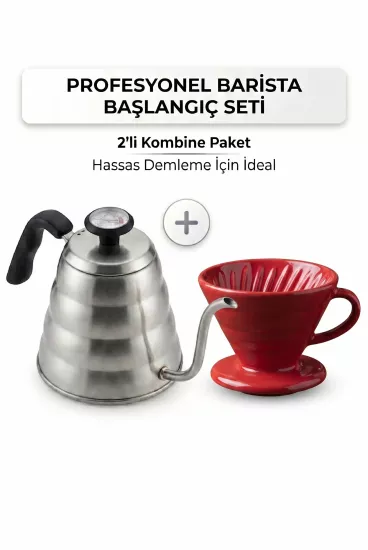 V60 Kahve Demleme Seti Termometreli Barista Kettle ve Seramik Dripper Vivien Home