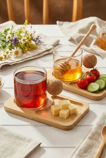 2 li Mantar Kulplu Borosilikat Cam Fincan ve Bambu Tabak Seti