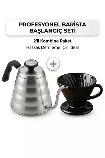 V60 Kahve Demleme Seti Termometreli Barista Kettle ve Seramik Dripper Vivien Home