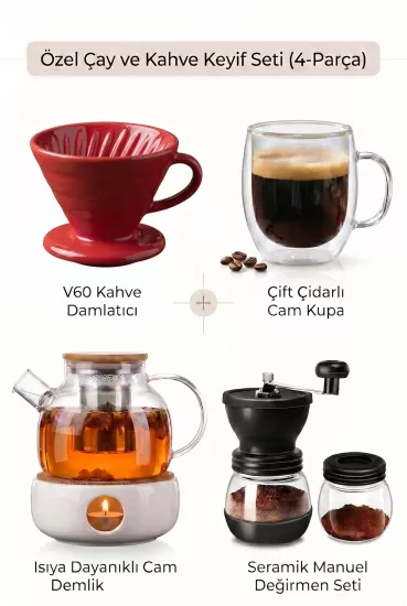 Filtre Kahve Seti Manuel Kahve Değirmeni V60 Dripper ve Bardak Vivien Home