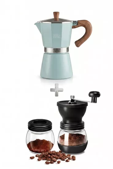 Moka Pot Kahve Seti Manuel Kahve Değirmeni ve 6 Fincan Moka Pot Vivien Home