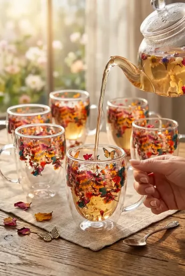 6’lı Flower Cup Çift Cidarlı Çiçekli Cam Bardak Seti 350 ml