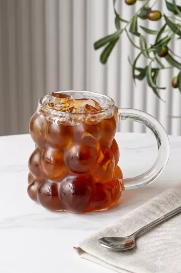 Kulplu Boncuk Şekilli Borosilikat Cam Kahve ve Sunum Bardağı