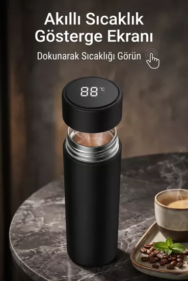 Siyah Dijital Sıcaklık Göstergeli Akıllı Termos 500 ml