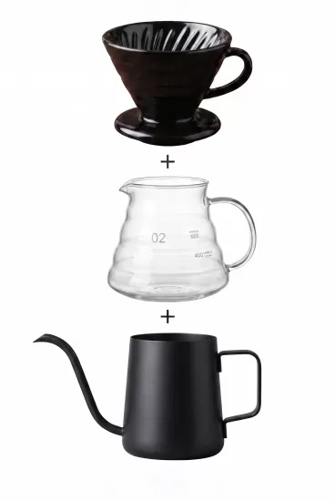 V60 Kahve Demleme Seti Siyah Seramik Dripper ve Barista Kettle Vivien Home