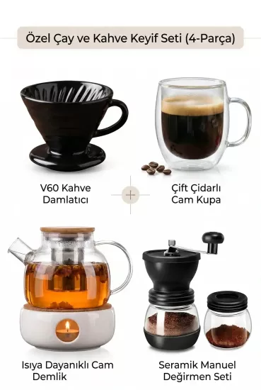 Filtre Kahve Seti Manuel Kahve Değirmeni V60 Dripper ve Bardak Vivien Home