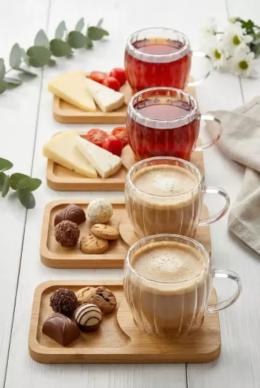120 ml 4’lü 8 Parça Çift Cidarlı Bardak ve Bambu Tabaklı Espresso Fincan Takımı