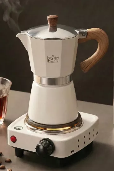 Bej 6 Cup Moka Pot Ocak Üstü İtalyan Espresso Makinesi
