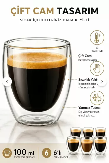6lı Premium Set 100 ml Çift Cidarlı Cam Espresso Bardağı