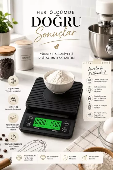 Dijital Mutfak Tartısı 0.1g Hassasiyetli | 5kg LCD Ekranlı Hassas Terazi