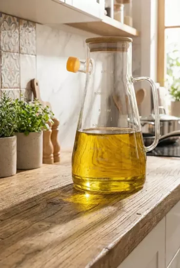 Bambu Kapaklı Vakumlu Borosilikat Cam Yağlık ve Sirkelik