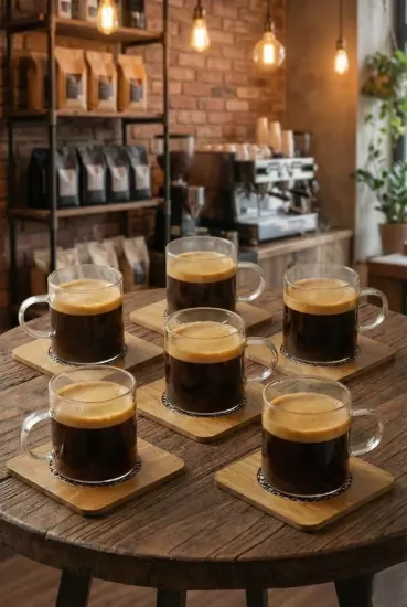 120 ml 6’lı 12 Parça Ahşap Tabaklı Borosilikat Cam Çay ve Kahve Fincan Takımı