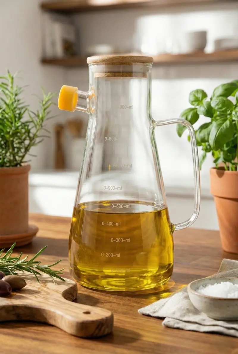 Bambu Kapaklı Vakumlu Borosilikat Cam Yağlık ve Sirkelik