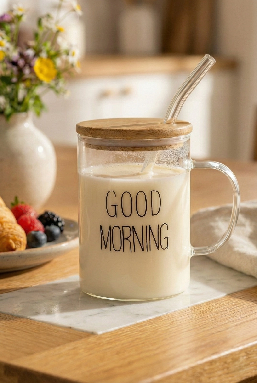 400 ml Bambu Kapaklı Isıya Dayanıklı Borosilikat Cam Kupa ve Sunum Bardağı