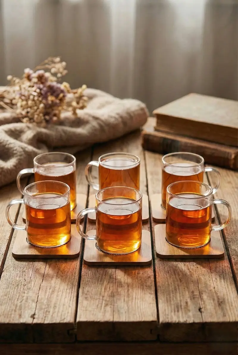 120 ml 6’lı 12 Parça Ahşap Tabaklı Borosilikat Cam Çay ve Kahve Fincan Takımı
